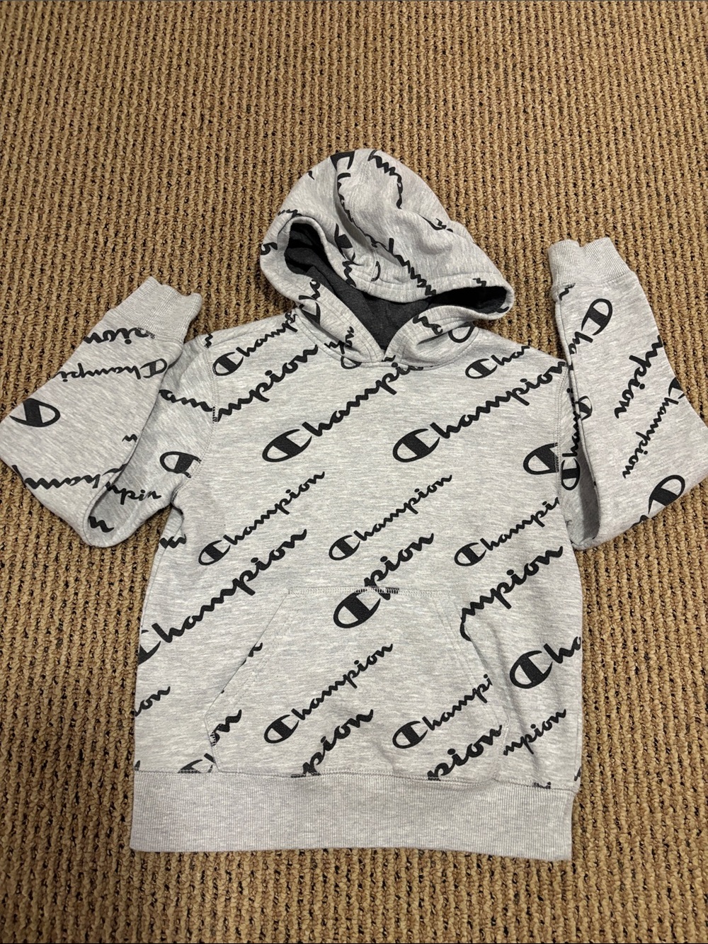 Champion Light Gray Allover Logo Crewneck Hoodie - boys
